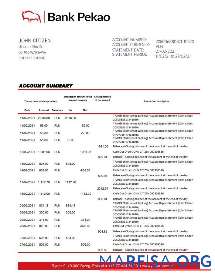 Blank Poland Bank Pekao S.A. bank statement excel real example
